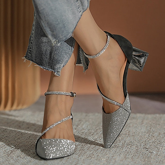 Pointed with Toe Glitter Women's Mesh Ankle Heels Block