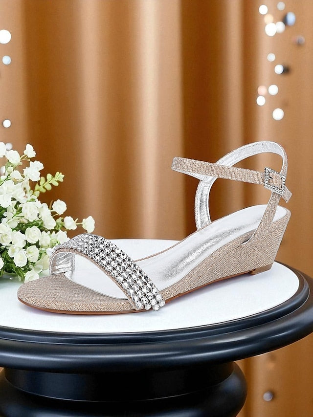 Open Women's Sandals Champagne Wedge - Toe Rhinestone