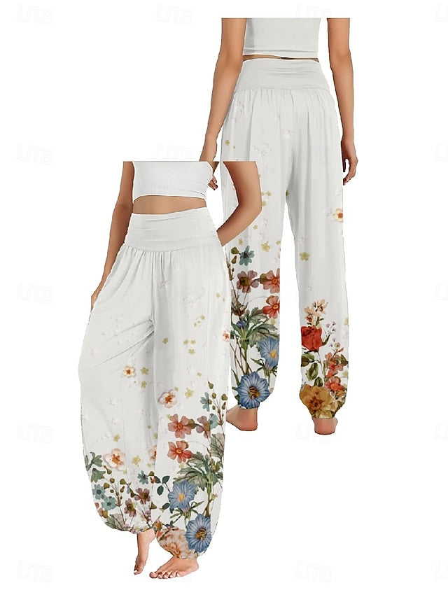 Women's Faux Cotton Linen Wide Leg Pants Trousers Ethnic