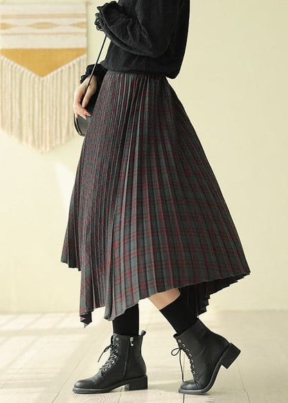 Women Chocolate Elastic Waist Asymmetrical Design Plaid Cotton Skirt Fall AJ1011