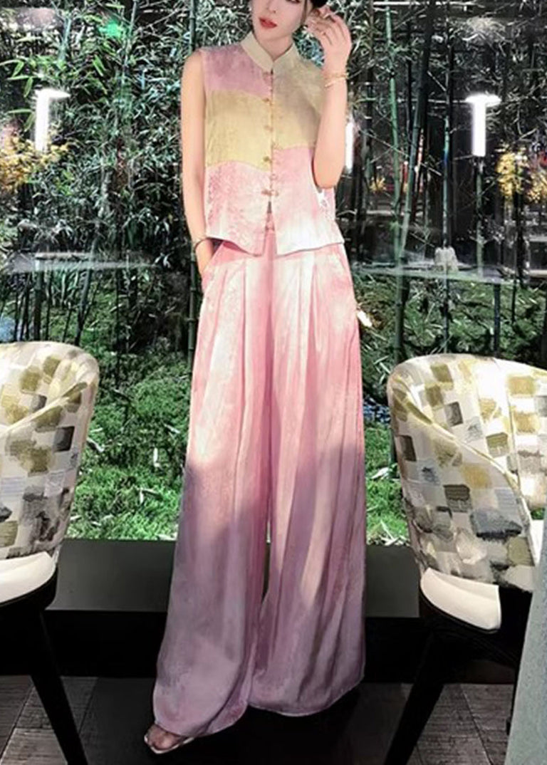 French Pink Button Waistcoat And Wide Leg Pants Silk Two Piece Set Sleeveless QP041