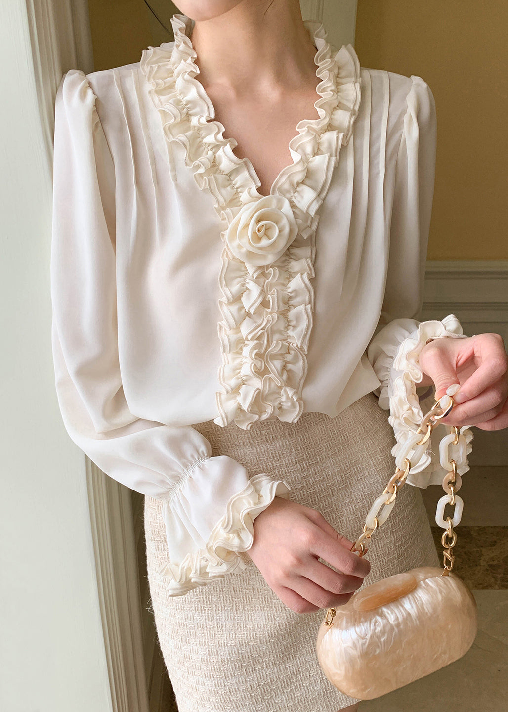 Apricot Art Shirt Petal Chiffon Solid Sleeve Ruffled