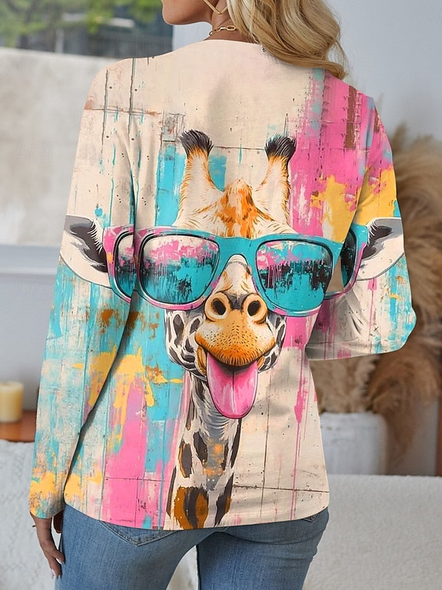 Women's T shirt Long Sleeve Graphic Animal Giraffe Vintage