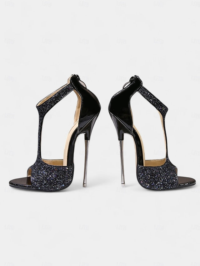 Stiletto Open Gold Heels and Toe for T-Strap with Design Glitter