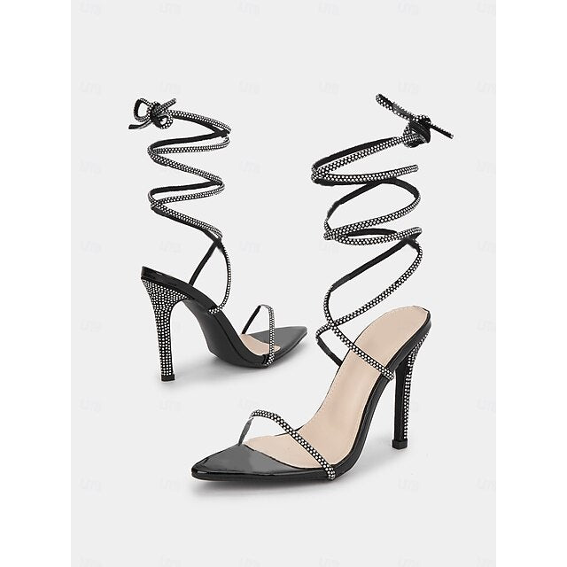 Women's Stiletto Sexy Black Lace-Up Sandals – Rhinestone