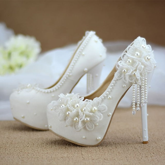 Women's White Lace Floral with Platform Wedding Heels
