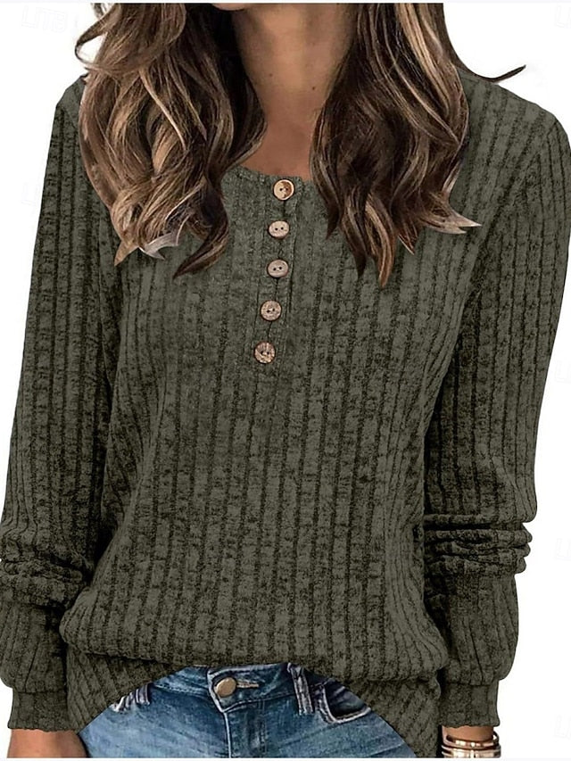 Women's Blouse Buttons Knit Solid Color Stylish Casual Long