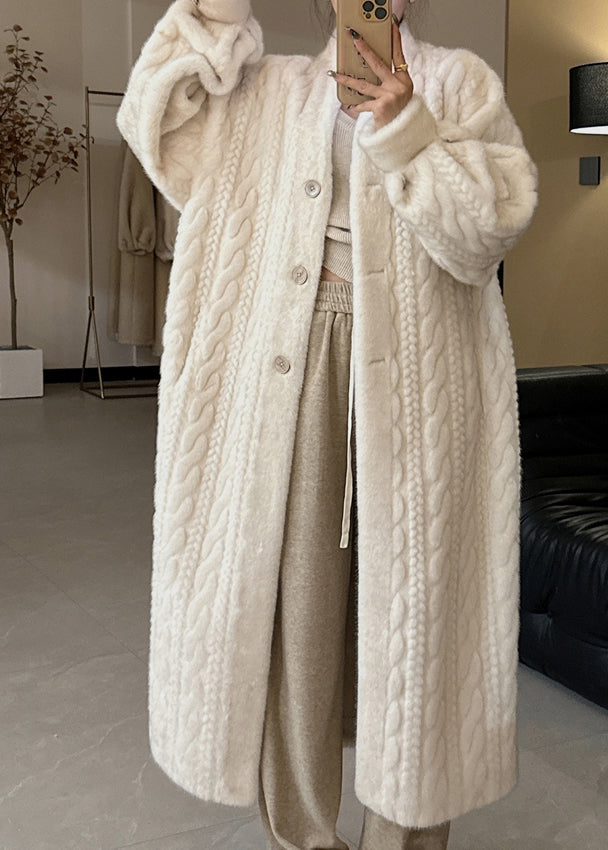 Casual Beige V Neck Button Mink Hair Leather And Fur Long Coats Winter WV022