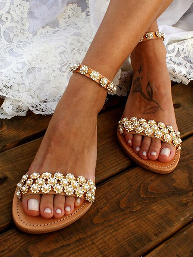Beaded Sandals Boho Floral Ankle Chic with Straps Flat for