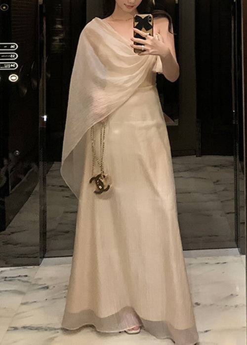 Summer Silk Solid Asymmetrical Apricot Maxi Dresses Elegant