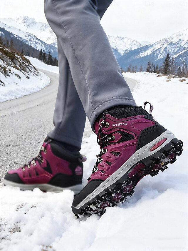 Women's Burgundy High-top Hiking Sneakers with Rugged Sole