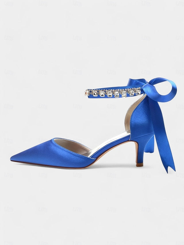 Heels Blue Ankle Strap Pointed-Kitten with and Rhinestone Satin