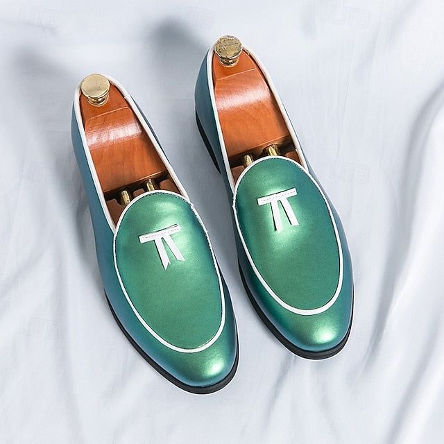 Faux Trim Black Men's Leather Patent Loafers Yellow with