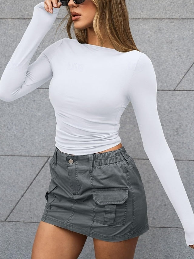 Women's Tight Tops Solid Color Stylish Casual Y2K Long