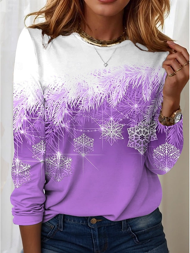 Women's T-Shirt Winter Snowflake Print Blue Gradient Casual