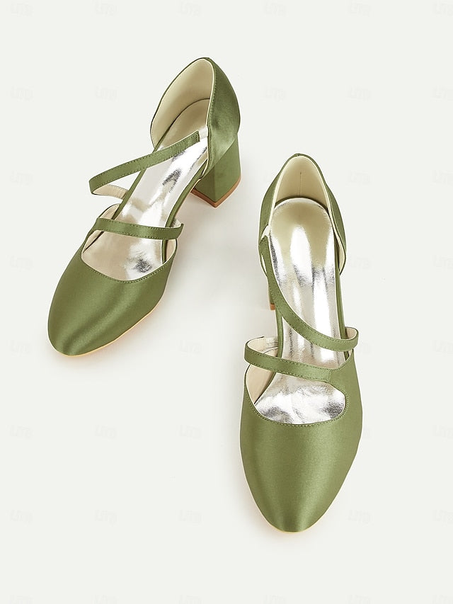 Jane 1950s Mary Elegant Green – Satin Block Heels Women's