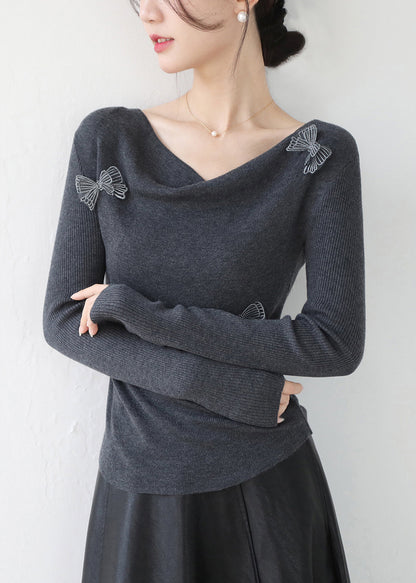 Original Design Grey Slash Neck Butterfly Knit Top Winter RV029