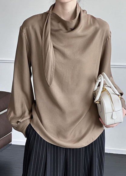 Coffee Solid Cotton Shirt Asymmetrical Fall AF1002