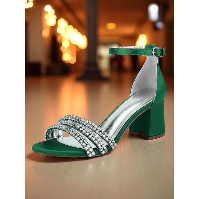 Heel Rhinestone Satin Purple Sandals Women's with Block