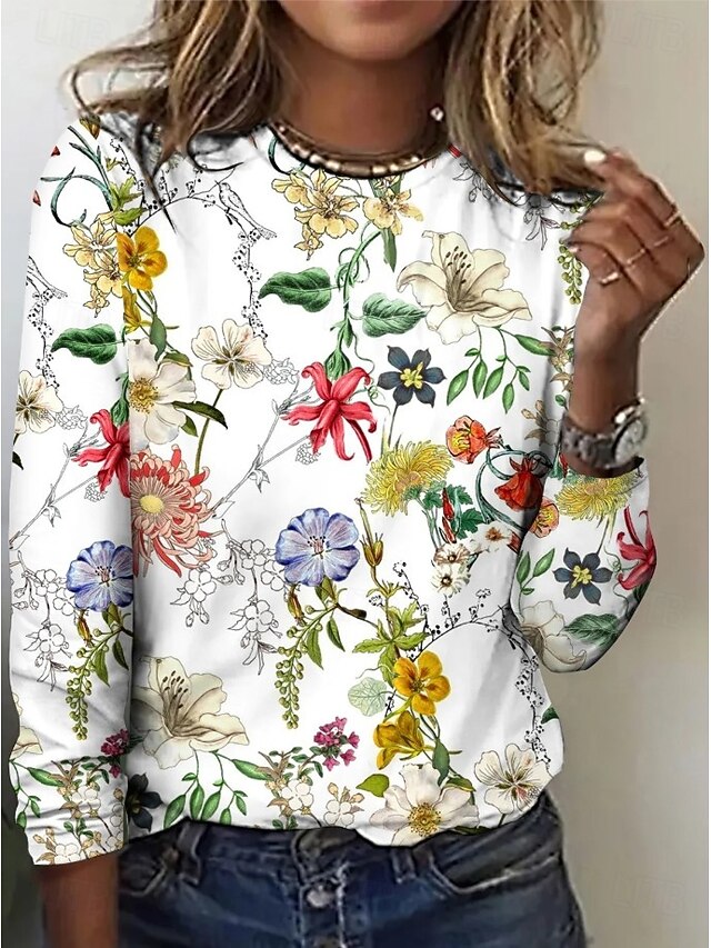 Women's T shirt Crew Neck Long Sleeve Tunic Floral Graphic