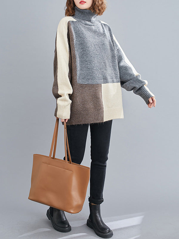 Stylish Grey High-Neck Color-block Long Sleeve Knit Sweater AN1043