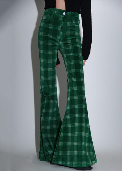 Chic Green Plaid Pockets Corduroy Flare Bottoms Spring TT1012