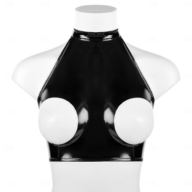 Cut-Out Faux Latex Halter Top Glossy Finish Women's Shinny
