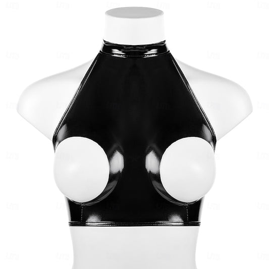 Cut-Out Faux Latex Halter Top Glossy Finish Women's Shinny
