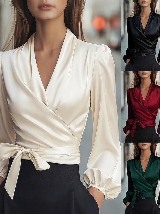Women's Shirt Elegant Satin Top Blouse Lace up Plain