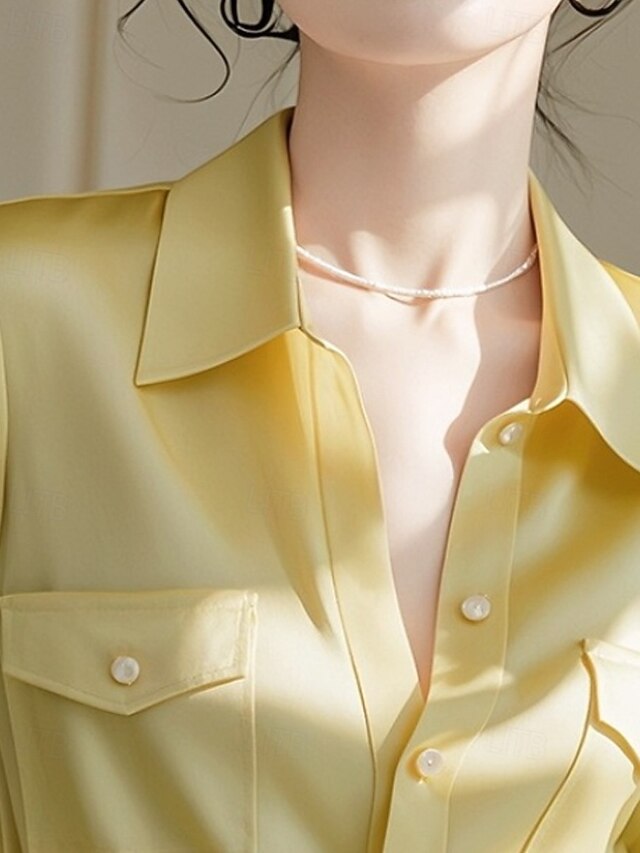 Women's Shirt Elegant Dressy Satin Top Pocket Buttons Plain