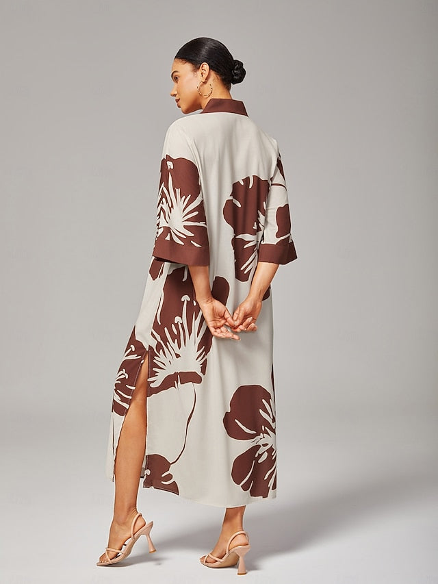 Women Female Casual Dress Brown Short Sleeves 3/4 Sleeve Floral