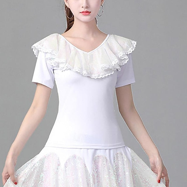 Latin Dance Ballroom Dance Top Ruffles Pure Color Splicing
