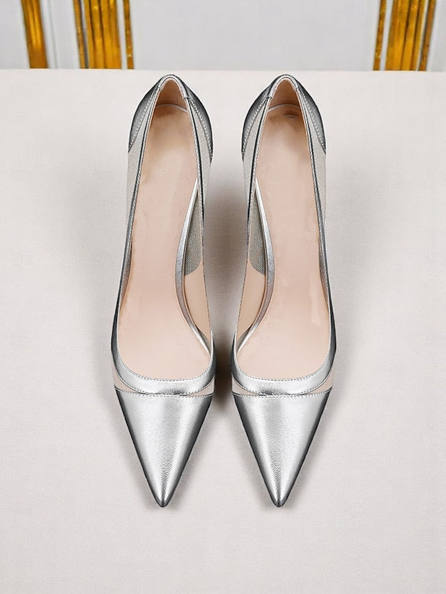 Mesh Toe Women's Pumps Suede Pointed Nude with Detailing