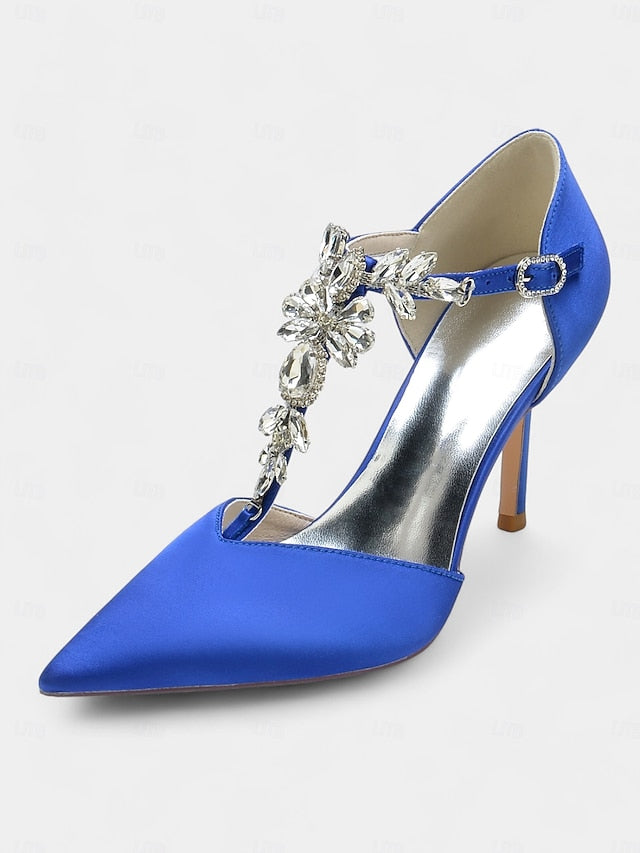 Navy Satin T-Strap Heels Blue Toe – Women's Pointed