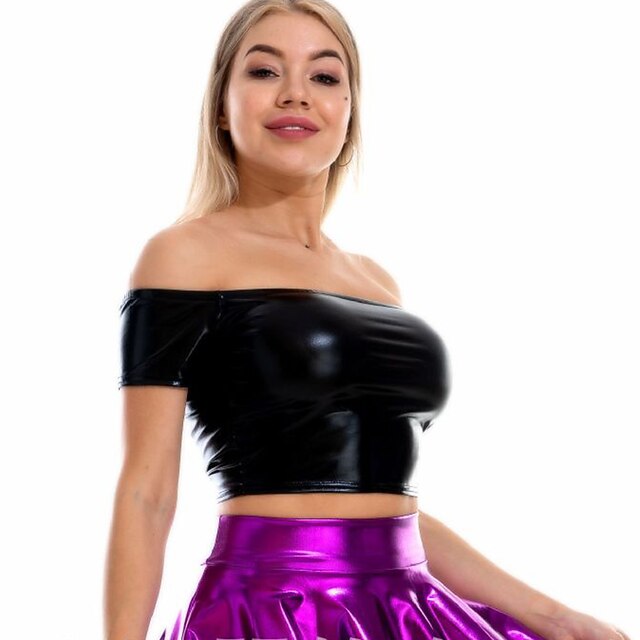 Metallic 1980s Shiny Latex Patent Crop Top PU Leather Off