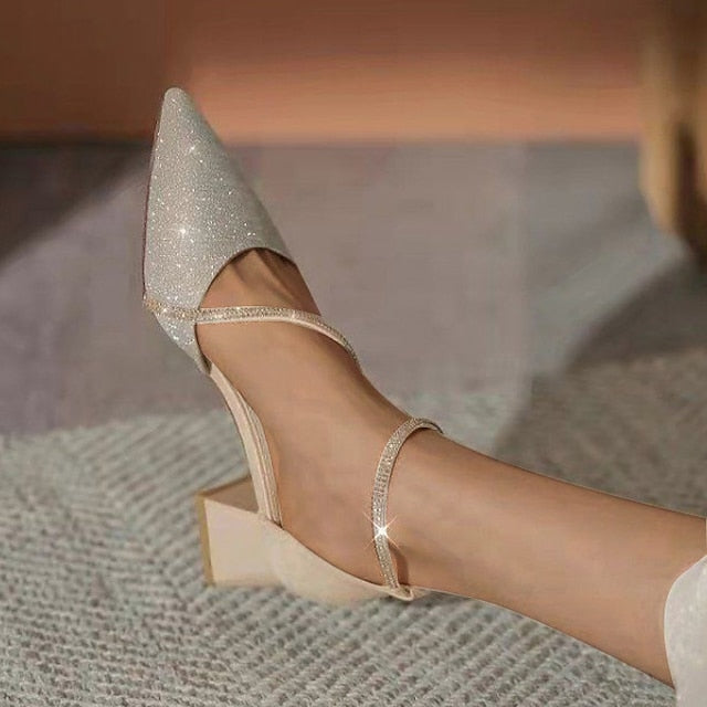Pointed with Toe Glitter Women's Mesh Ankle Heels Block