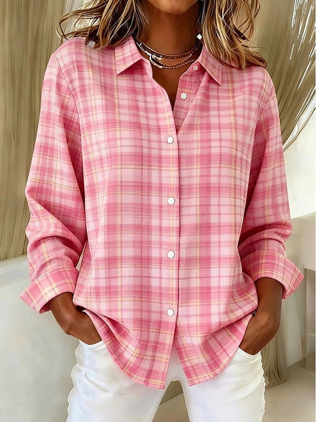 Women's Shirt Blouse Patchwork Buttons Print Plaid Casual