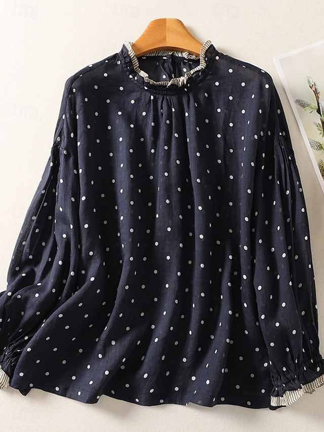 Women's Shirt Blouse Long Sleeve Tops Patchwork Polka Dot