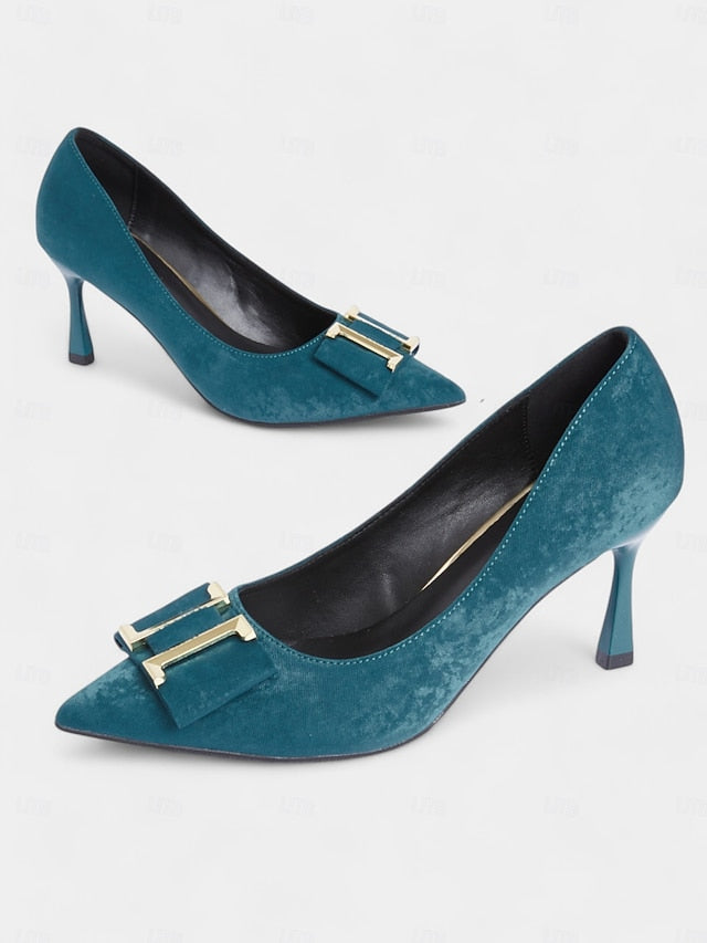 Heel Pointed Pumps Toe Elegant Teal Kitten Velvet Women's -
