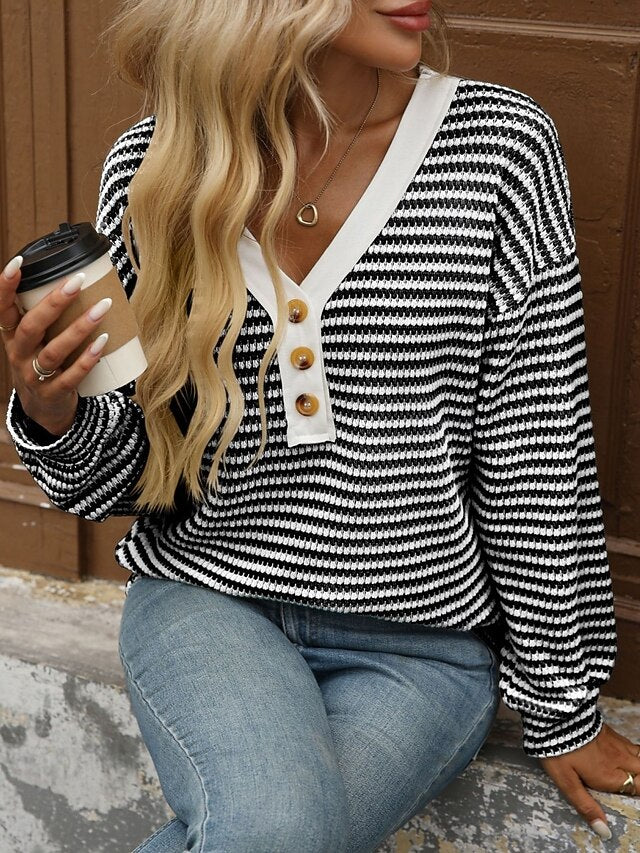 Women's T Shirt Tee Top Patchwork Buttons Print Striped
