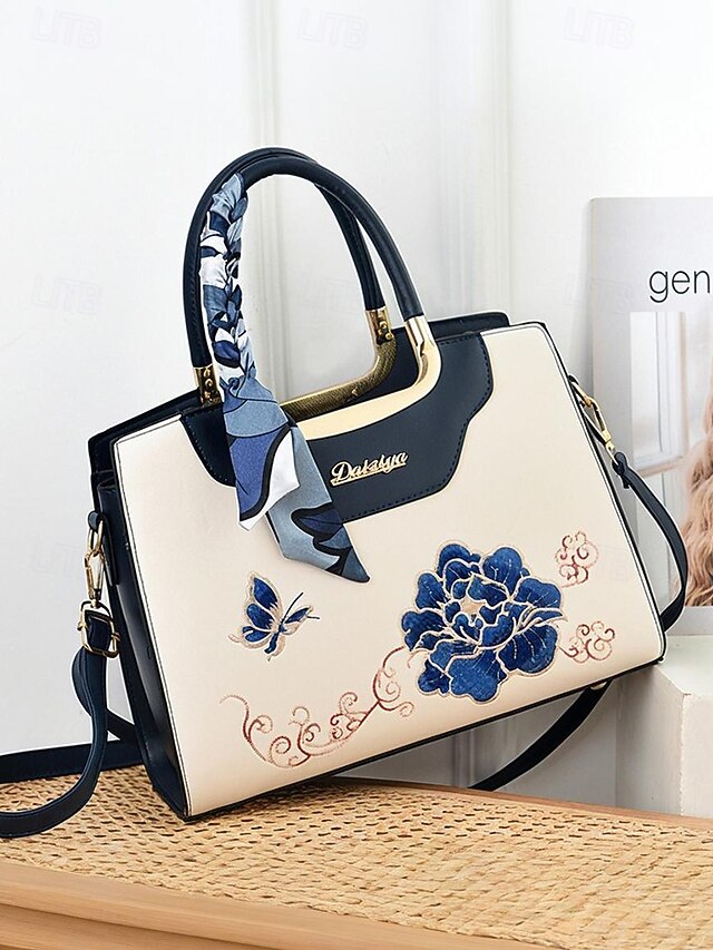 Women's Embroidered Faux Leather Handbag with Scarf Accent