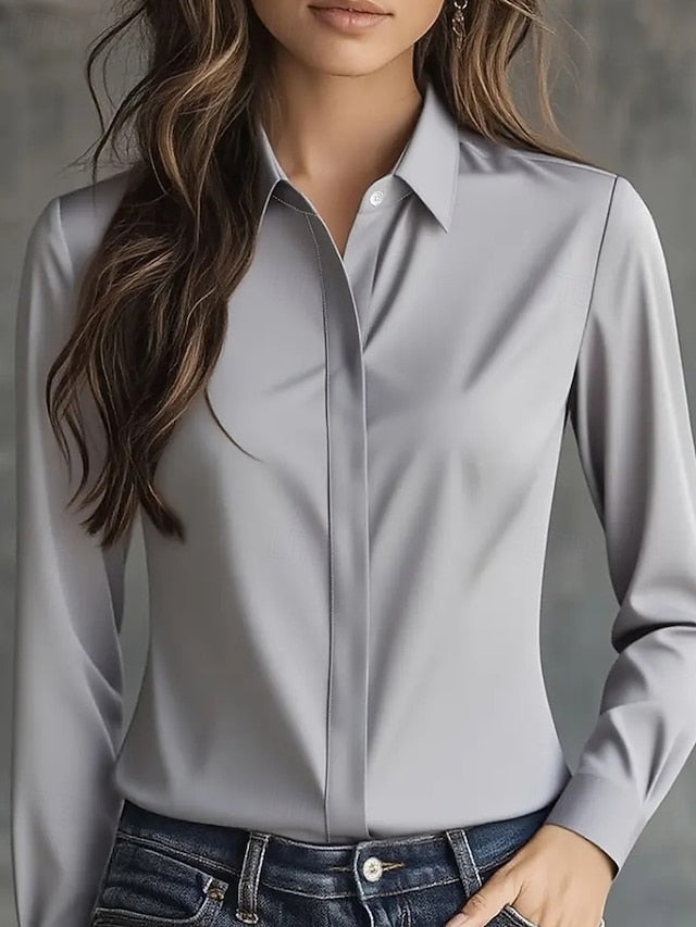 Women's Shirt Elegant Dressy Satin Top Buttons Plain