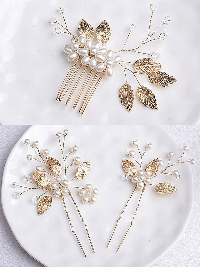 Set Bridal Hair Pearls Leaf with Accessory Gold Silver and Faux