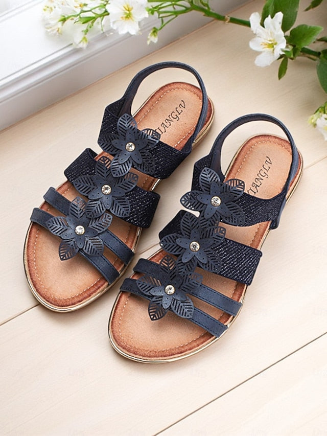 Sandals Elegant Beige – Flat Rhinestone Women's Floral