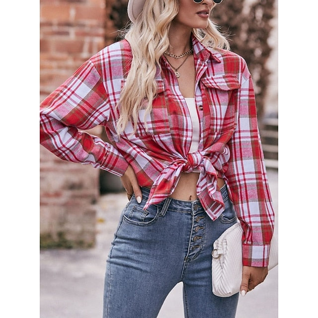 Women's Shirt Pocket Buttons Print Plaid Vintage Tropical