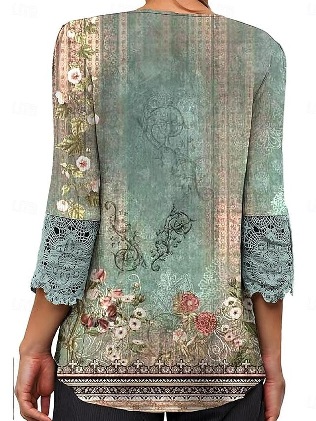 Women's Boho Shirt Tunic Lace Buttons Ombre Floral Stylish