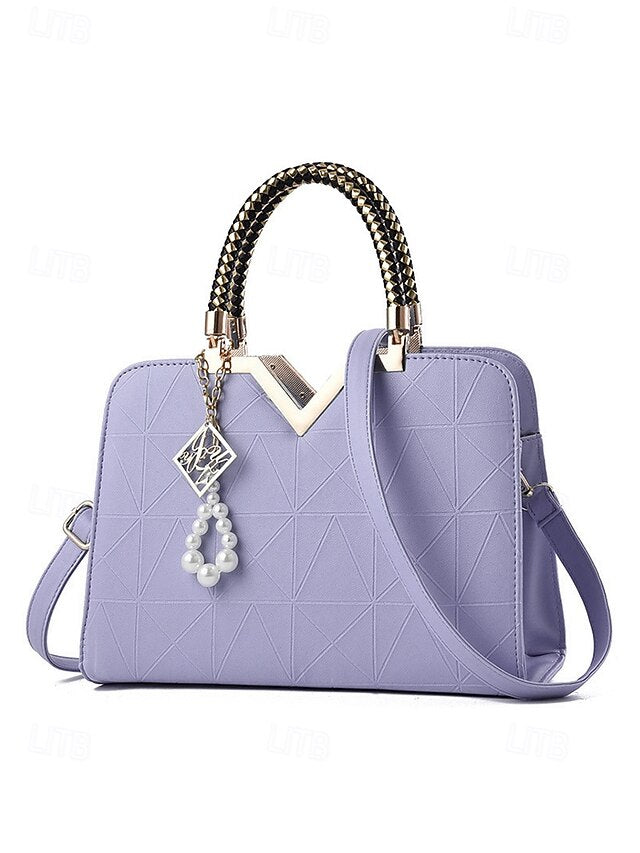 Women's Faux Leather Handbag with Pearl Pendant – Elegant