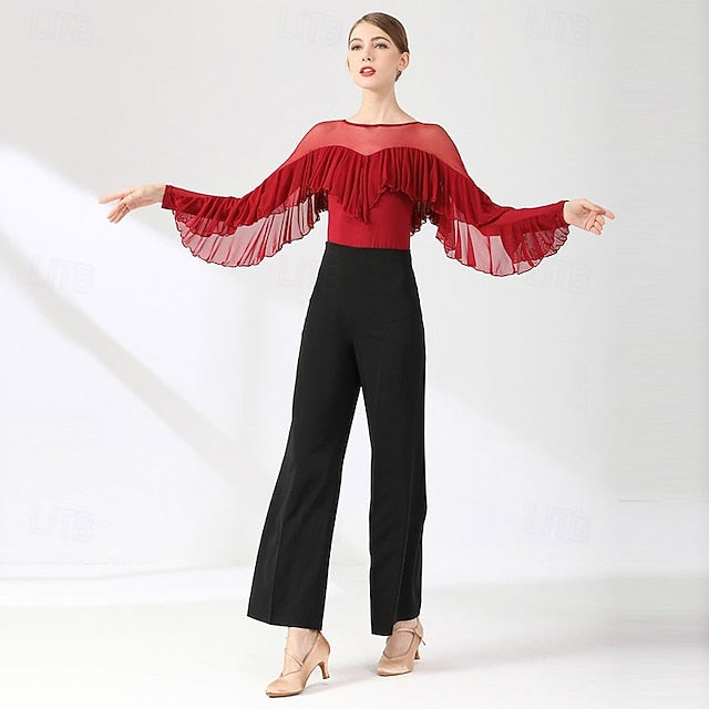 Women's Ballroom Dance Top Sheer Mesh Ruffle Batwing Sleeve