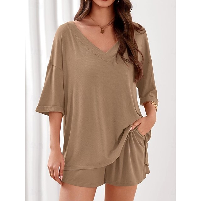 Women's Shorts Sets 3/4 Length Sleeve V Neck Solid Color