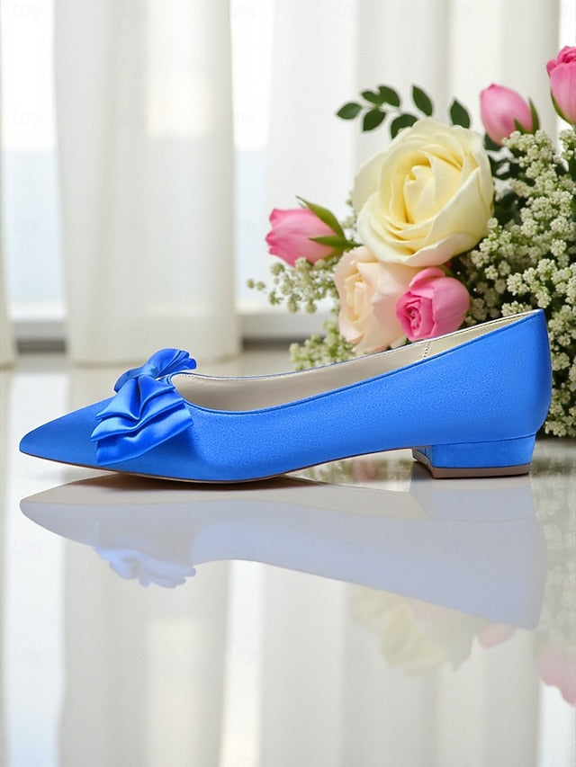 Women's Pointed Satin Bow Green - Flats Toe Elegant